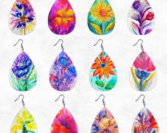 Elegant Teardrop Earring PNG Bundle, Digital Download Oil Painting Floral Sublimation Designs, Instant Download