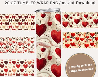 Minimal Valentine Tumbler Wrap Bundle | Modern Heart & Bow PNG | 20oz Skinny Instant Download