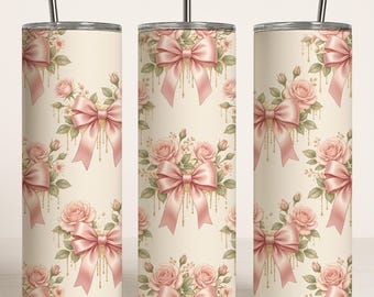 Pink Coquette Bow Tumbler Wrap PNG, 20oz Floral Sublimation Design, Feminine Girly Digital Download