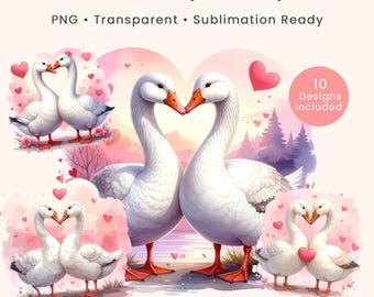 Goose Couple Clipart PNG Bundle - Romantic Valentine Geese Illustration for Sublimation- Instant Download