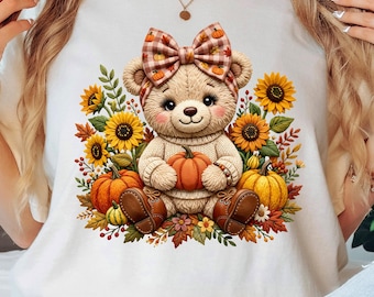 Oso de peluche otoñal PNG, diseño de sublimación de calabaza coqueta, imágenes prediseñadas de oso otoñal, camiseta de girasol PNG, descarga digital