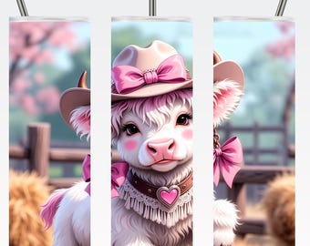 Highland Cow Tumbler Wrap PNG, Pink Cowgirl Western 20oz Skinny Sublimation, Digital Download