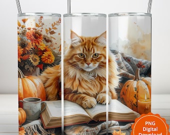 Diseño PNG de un acogedor gatito otoñal con un libro y una calabaza, vaso delgado de 20 oz para sublimación, descarga digital.