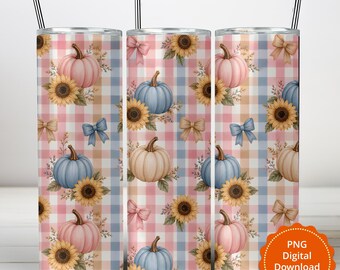 Diseño PNG para vaso térmico Coquette Pumpkin, 20 oz, diseño delgado por sublimación, calabaza otoñal rosa y azul, estampado de girasoles a cuadros, descarga digital.