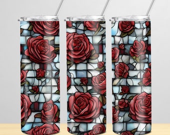 20oz Skinny Tumbler Wrap, 3D Stained Glass Red Roses PNG, Sublimation Designs, DIY Tumbler Graphics for Unique Gift ,Instant Download