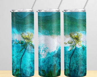 Tropical Beach Tumbler Wrap, 20 oz Straight Tumbler Wrap PNG Files, Palm Trees and Waves Digital Design, Diy Project for Make Unique Gift