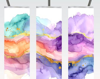 Colorful 20oz Abstract Tumbler Wrap, Rainbow Gold Streak PNG for Sublimation, Digital Download Art