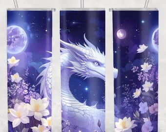 White Dragon Floral Moon Tumbler Wrap 20oz Skinny PNG, Digital Download