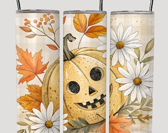 Pumpkin 20oz Tumbler Wrap PNG, Autumn Floral Sublimation Design, Halloween Fall Digital Download