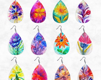 Elegant Teardrop Earring PNG Bundle, Digital Download Oil Painting Floral Sublimation Designs, Instant Download Printables for Unique Gifts