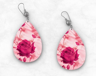 Pink Rose Teardrop Earrings PNG, Printable Sublimation Design Files, Floral Jewelry, DIY Craft Supplies