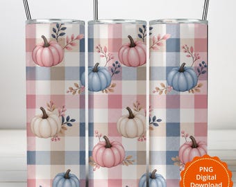 Diseño PNG de envoltura de vaso de calabaza pastel, diseño delgado de sublimación de 20 oz, cuadros de calabaza rosa y azul, lazo coqueto de otoño, descarga digital de otoño