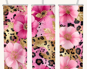 Glitter Leopard Floral  20oz Tumbler Wrap PNG, Sublimation Design, Digital Download