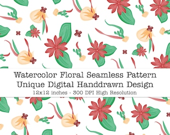 Watercolor Floral Seamless Pattern, Unique Digital Handdrawn Design for Fabric Textile print & Gift Wrap Paper, DIY Project,Instant Download