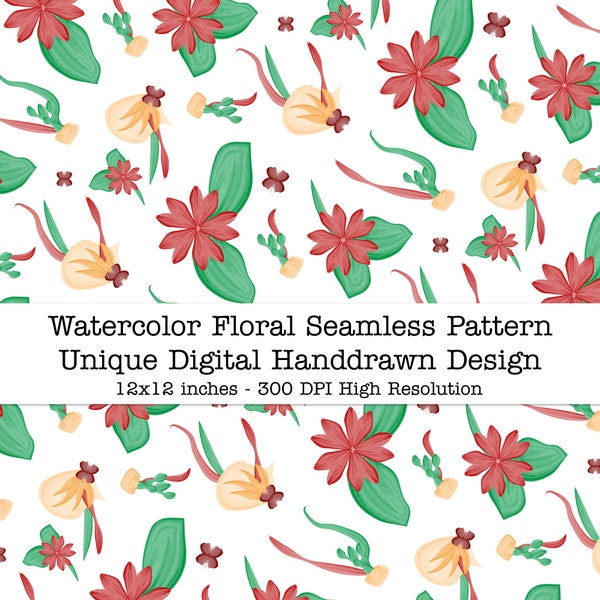Motif floral sans couture aquarelle, design numérique unique dessiné à la main pour impression textile et papier cadeau, projet de bricolage, téléchargement immédiat
