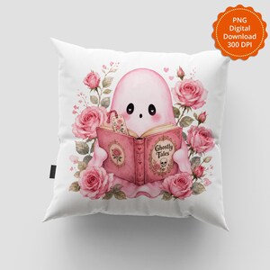 Pink ghost reading book design on white pillow. sweet bookish coquette Halloween ghost with flowers, sublimation print design.