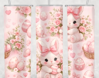 Coquette Easter Bunny Tumbler Wrap PNG, 20oz Skinny Sublimation Design, Pink Floral Rabbit Patterned