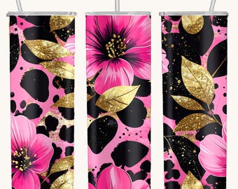 Pink Black Gold Floral Cheetah Tumbler Wrap, 20oz Glitter Mama Sublimation Design, Digital Download