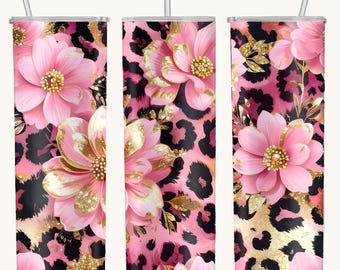Pink Floral Leopard Tumbler Wrap PNG, 20oz Skinny Design, Gold Glitter Cheetah Digital Download