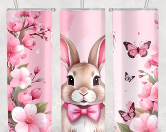 Coquette Easter Bunny Tumbler Wrap 20oz Skinny PNG, Pink Bow Floral Rabbit, Digital Download