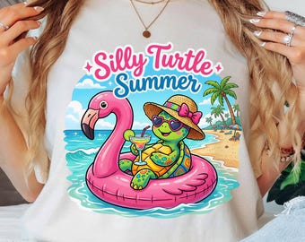 PNG de tortuga divertida de verano, diseño de flotador de flamenco moderno para sublimación, descarga digital para vacaciones en la playa