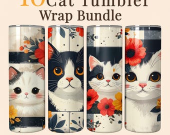 10 Cat Floral Tumbler Wrap Bundle, 20oz Straight PNG Sublimation Designs, Digital Download