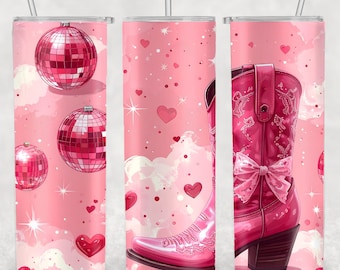 Coquette Cowgirl Pink Boots Tumbler Wrap PNG, Hearts Disco Ball Bow Seamless 20oz Skinny
