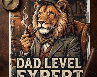 León experto de nivel papá PNG, diseño vintage masculino de sublimación para camisetas divertidas de papá, regalo del Día del Padre