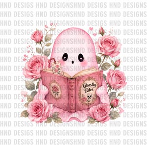 Close up of pink ghost reading book PNG design. Adorable coquette Halloween ghost with floral details and open book, sublimation graphic.