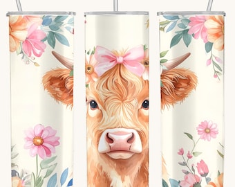Highland Cow with Bow 20oz Skinny Tumbler Wrap PNG, Pastel Floral Sublimation Design