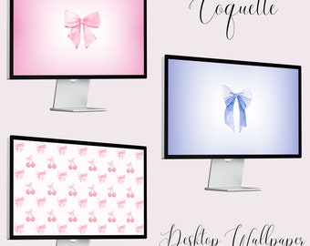 Coquette Desktop Wallpaper Set of 4 | Bow Wallpaper | Pink Bow Wallpaper | Blue Bow Screensaver
