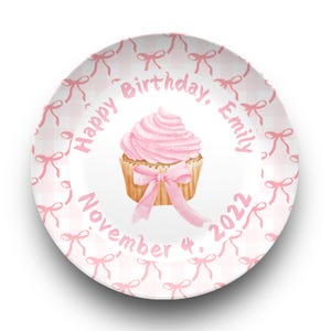 Custom Pink Birthday Plate – Cupcake & Bow Design, Personalized Gift