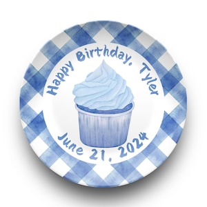 Custom Blue Birthday Plate - Cupcake Plaid Stripes - Happy Birthday Gift - Personalized Name and Birthdate, Boys B-Day Gift, Unbreakable