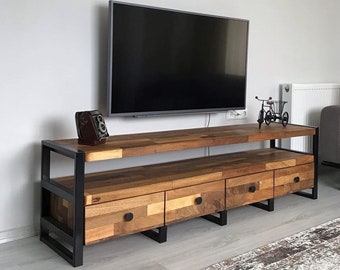 Handgemaakte walnotenhouten tv-meubel – Massief houten mediaconsole – Modern rustiek tv-meubel