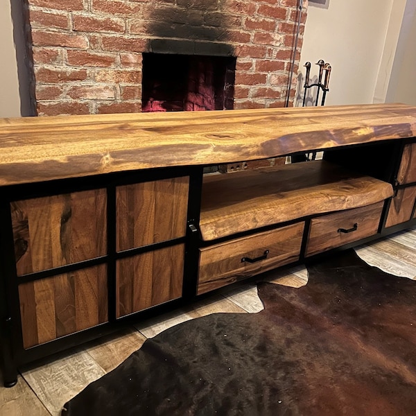 Solid Walnut Wood and Metal Tv Unit / Natural Wooden and Steel Media Console / Farmhouse Media Console , Rustic Tv Stand / Handmade Tv Stand