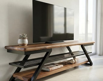 Handmade Industrial Wood TV Stand, Rustic Z-Frame Media Center