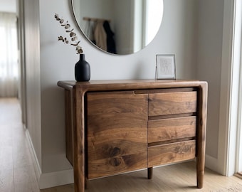 Solid Walnut Sideboard - Mid Century Modern Console Table with Drawers - Handmade Wooden Credenza