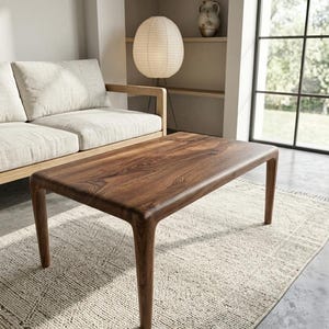 Massief walnotenhouten salontafel met afgeronde randen, organisch modern minimalistisch houten middelpunt