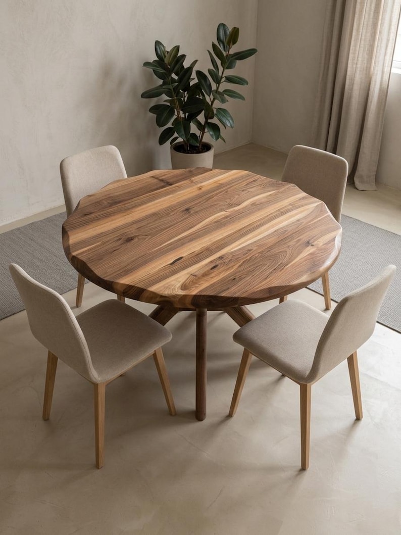 May include: A round wooden dining table with a natural edge, surrounded by four beige upholstered chairs. The table is approximately 48 inches in diameter. A potted plant is in the background, creating a warm and inviting dining space.
