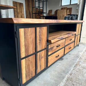 Handmade Walnut Wood and Metal TV Unit – Modern Solid Wood Media Console