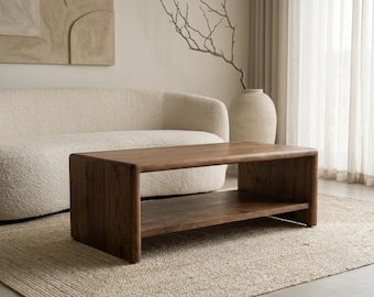 Solid Walnut Coffee Table with Shelf Mid Century Modern Wood Center Table