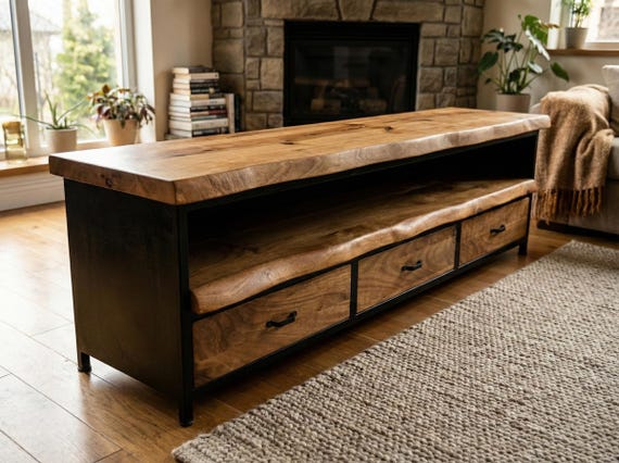 Live Edge Industrial Media Console Solid Timber Credenza With Drawers Rustic Entertainment Center