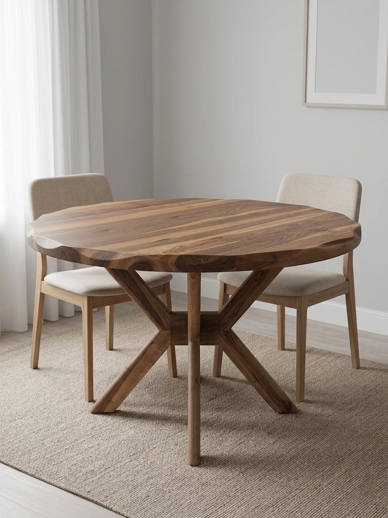 May include: A round wooden dining table with a natural finish, featuring a unique, textured edge. The table is supported by a distinctive, crossed-leg base. Two beige upholstered chairs are positioned around the table, creating a dining set.