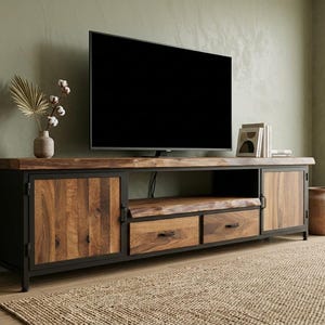 May include: A wooden TV unit with a black metal frame. The unit features two doors, two drawers, and an open shelf. A large black television is placed on top. Decorative items include a vase with dried flowers and books.