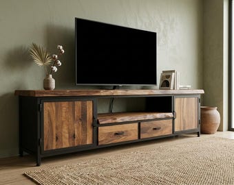 Solid Walnut Live Edge TV Stand, Industrial Metal Media Console, Rustic Modern Unit