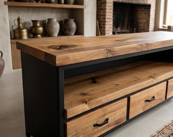 Solid Wood TV Stand - Rustic Walnut Media Console Table for Living Room