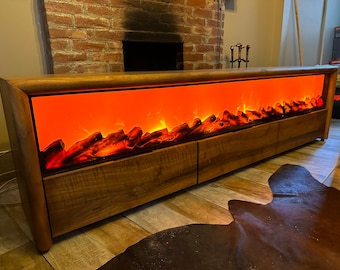Handmade Walnut TV Stand with Bluetooth Fireplace: Modern Industrial Console
