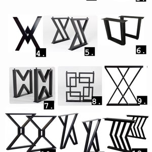 Pu&ograve; includere: Una collezione di 15 diversi design di gambe per tavoli. Le gambe sono in metallo nero e sono in vari stili, tra cui a forma di X, quadrate e a forcina.