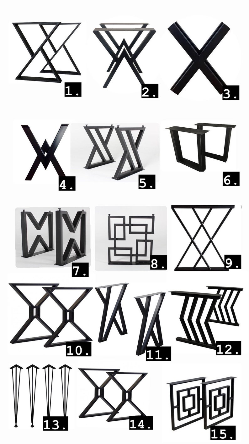 Pu&ograve; includere: Una collezione di 15 diversi design di gambe per tavoli. Le gambe sono in metallo nero e sono in vari stili, tra cui a forma di X, quadrate e a forcina.