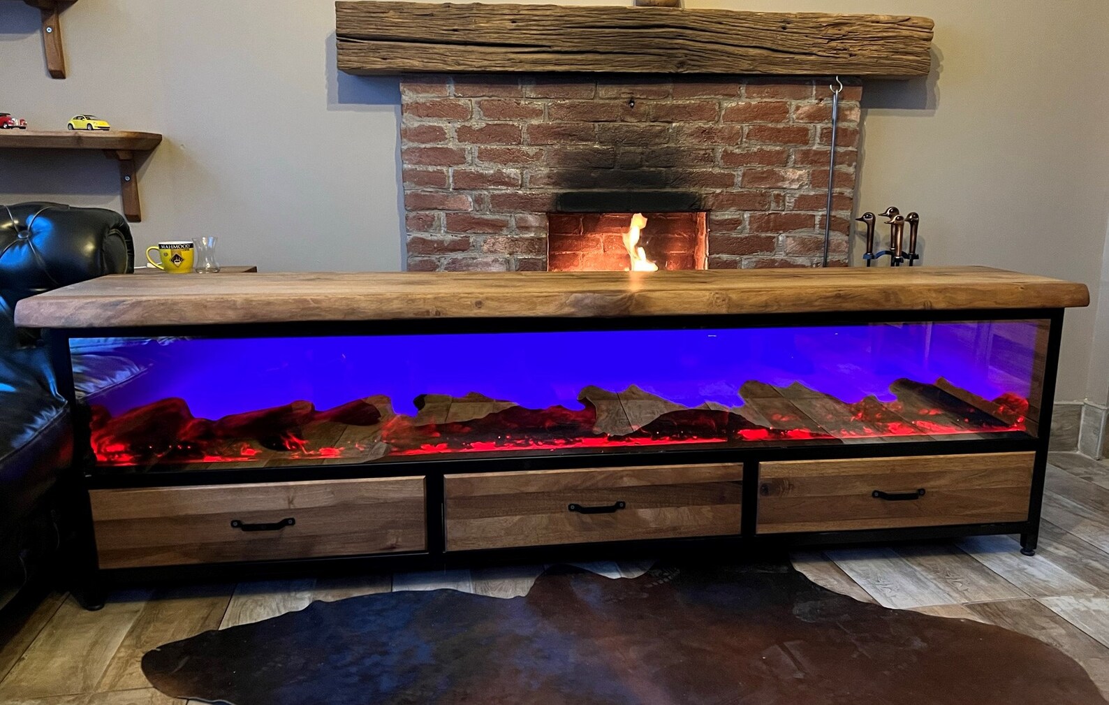 Modern Tv Console,colorful Flame Sound Bluetooth Fireplace,walnut Tv